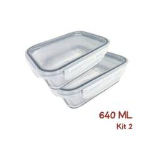 Kit 2 Pote Vidro Hermético Marmita Mantimentos Cinza Tampa 640ml