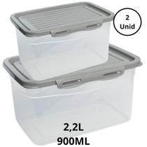 Kit 2 Potes Com Tampa e Trava 2,2L e 900ML Cinza