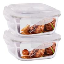 Kit 2 Potes De Vidro Hermético 520ml Quadrado Com Tampa E Trava Forno E Microondas Premium