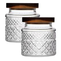 Kit 2 Potes De Vidro Hermético 600ml Com Tampa De Madeira Elegante