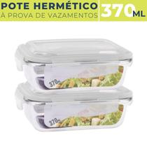 Kit 2 Potes de Vidro Hermético Marmita 4 Travas 370 ml Fitness Mantimentos Tampa Alimentos Microondas Retangular Jogo