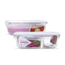 Kit 2 Potes De Vidro Herméticos Divisória Tampa Travas Marmita 1040ml