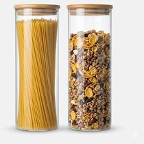 Kit 2 Potes de Vidro Redondos 2L com Tampa de Bambu Herméticos e Vedação de Silicone