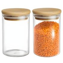 Kit 2 Potes Hermético Mantimento Armazenamento De Vidro Com Tampa de Bambu 250ml