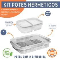 Kit 2 Potes Hermético Porta Frios 2 Divisorias Com Travas Cesto Escorredor 1000 ML e 500 ML Frutas Vegetais Alimentos