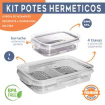 Kit 2 Potes Hermético Porta Frios Com Travas Cesto Escorredor 1000 ML e 500ML Frutas Vegetais Alimentos