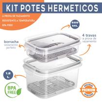 Kit 2 Potes Hermético Porta Frios Com Travas Cesto Escorredor 1,2 L e 500ML Frutas Vegetais Alimentos - Kit 2 Potes Hermético Porta Frios Com Travas Cesto Escorredor 1,2 L e 500ML Frutas Vegetais Alimentos -