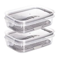 Kit 2 Potes Hermético Porta Frios Com Travas Cesto Escorredor 500 ml Frutas Vegetais Alimentos