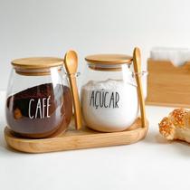 Kit 2 Potes herméticos Café Açúcar vidro colher bambu 650ml Kit 2 Potes herméticos Café Açúcar vidro colher bambu 650ml