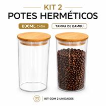 Kit 2 Potes Herméticos de Vidro 800ml com Tampa de Bambu para Mantimentos Kit 2 Potes Herméticos de Vidro 800ml com Tampa de Bambu para Mantimentos