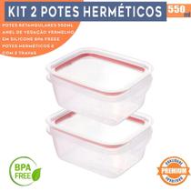 Kit 2 Potes Herméticos Porta Frios Retangulares 550ml com Travas Laterais Marmitas e Armazenamento de Alimentos na Geladeira
