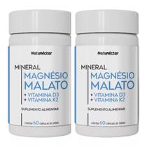 Kit 2 Potes Magnésio Malato Vitaminas D3 K2 Suplemento Alimentar Natural 120 Cápsulas 100 Puro Original Concentrado