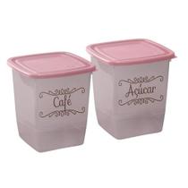 Kit 2 Potes Para Mantimentos Alto Café Açucar Fumê Tampa Rosa Kit 2 Potes Para Mantimentos Alto Café Açucar Fumê Tampa Rosa