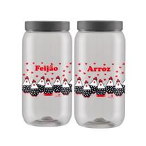 Kit 2 Potes Porta Mantimentos Plastico Pet 2700ml Decorado Galinha Para Arroz e Feijão Com Tampa