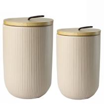 Kit 2 Potes Potiche Borossilicato Ceramica Tampa de Bambu Bege 12 e 15 cm Lyor