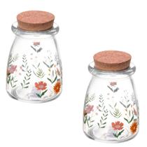 Kit 2 Potes Temperos Vidro Tampa Rolha Flora 255 ml - Lyor
