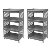 Kit 2 Prateleira Estante De Plástico 4 Andares Multiuso Desmontável 40x28x70cm Elloplas - Cinza