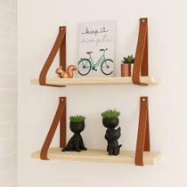 Kit 2 Prateleiras de Madeira Pinus 40cm com Alça Caramelo Decorativas para Quarto Sala