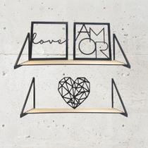 Kit 2 Prateleiras decorativas em mdf 60cm 40cm + Kit 3 Quadros Love Coração Geométrico Amor