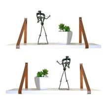 kit 2 Prateleiras MDF Branco Com suporte Em Alças de Couro Caramelo preto