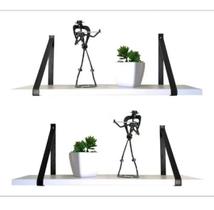 kit 2 Prateleiras MDF Branco Com suporte Em Alças de Couro Caramelo preto