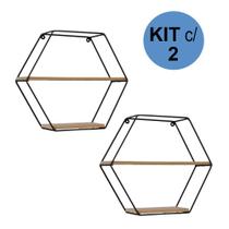 Kit 2 Prateleiras Preta Hexagonal Aramado com 02 Divisórias Cada em MDF 35x40cm