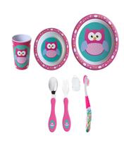 Kit 2 Pratos 1 Copo 2 Talheres Infantil Corujinha e Escova