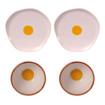 Kit 2 Pratos 21cm E 2 Bowls Cerâmica Artesanal Estampa Ovo