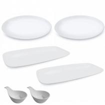 Kit 2 Pratos 30x15 Cm + 2 Pratos 28 Cm em Melamina + 2 Colheres para Molho e Finger Food