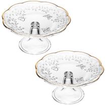 Kit 2 Pratos para Bolo com Pé Vidro Cristal Boleira 19cm Lyor New Butterfly Fio de Ouro Redondos