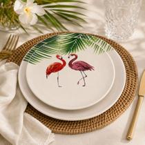 Kit 2 Pratos Refeição Sobremesa Flamingo Tropical Mesa Posta Kit 2 Pratos Refeição Sobremesa Flamingo Tropical Mesa Posta