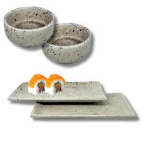 Kit 2 Pratos Sushi Creme e 2 Molheira Nozoki Porcelana Creme Mesclado 60mL