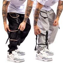 Kit 2 Preto e Cinza Calça Cargo Jogger Unissex Estilo Gringa Coreana com Bolsos Laterais Larga Estilosa tactel