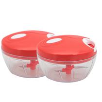 kit 2 Processador Manual Vermelho 500ml 3 Lâminas Inox Tritura Alimentos Cozinha Corda Alho e Cebola