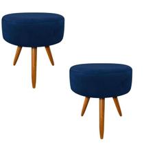 Kit 2 Puf, Puff Sala Redondo Pé Palito Suede Azul Marinho Kit 2 Puf, Puff Sala Redondo Pé Palito Suede Azul Marinho
