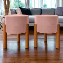 KIT 2 Puf ((VELUDO ROSA)) Banco Penteadeira Thor Decorativo redondo-Pés Madeira maciça 45cmx35cm KIT 2 Puf ((VELUDO ROSA)) Banco Penteadeira Thor Decorativo redondo-Pés Madeira maciça 45cmx35cm
