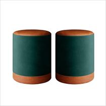 Kit 2 Puff Banqueta Cilindro Suede Verde Couro Caramelo Luxo MS