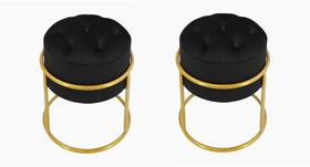 Kit 2 Puff Banqueta Estofado Decorativo Base De Ferro Capitonê Suede Preto Eli Móveis e Decoração
