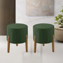 Kit 2 Puff Banqueta Redonda Thor Estofado Linho Verde Pés em Madeira Maciça