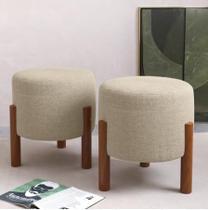 Kit 2 Puff Banquinho Decorativo Thor Pés Madeira Maciça Cor Bege