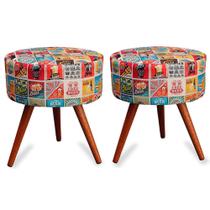 Kit 2 Puff Cama Inbox Las Vegas Redondo com Pés em Madeira Maciça Tecido Suede