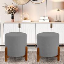 Kit 2 Puff Catânia em Veludo Cinza Base em Madeira