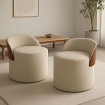 Kit 2 Puff Curvo Com Encosto Redondo Orgânico Sala Confortável Resistente Composé Suede material sintético Suede Bege