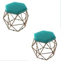Kit 2 Puff Decorativo Aramado Bronze Azul Turquesa Suede Hexágono Geométrico