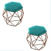 Kit 2 Puff Decorativo Aramado Bronze Azul Turquesa Suede Hexâgono Geométrico