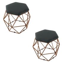 Kit 2 Puff Decorativo Aramado Bronze Cinza Graffite Suede Hexâgono Geométrico