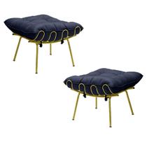 Kit 2 Puff Decorativo Sala de Estar Abel Pés Dourado Veludo Azul G41 - Gran Belo