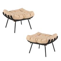 Kit 2 Puff Decorativo Sala de Estar Costela Base Preta Couro Bege G34 - Gran Belo Kit 2 Puff Decorativo Sala de Estar Costela Base Preta Couro Bege G34 - Gran Belo