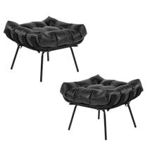 Kit 2 Puff Decorativo Sala de Estar Costela Base Preta Couro Preto G34 - Gran Belo Kit 2 Puff Decorativo Sala de Estar Costela Base Preta Couro Preto G34 - Gran Belo