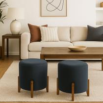 Kit 2 Puff Decorativo Sala Pufe Base Madeira Redondo Grande Azul-escuro